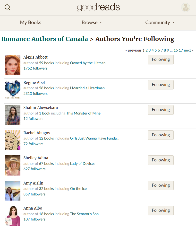 Screenshot of CanLitRomance author list on Goodreads